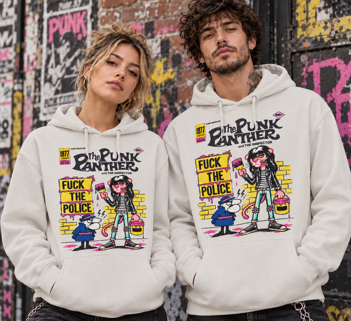 Pareja con sudaderas blancas vintage con capucha Pantera Rosa Punk, The Punk Panther, parodia punk de La Pantera Rosa - Starway to Helen