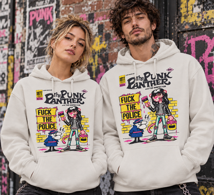 Pareja con sudaderas blancas vintage con capucha Pantera Rosa Punk, The Punk Panther, parodia punk de La Pantera Rosa - Starway to Helen