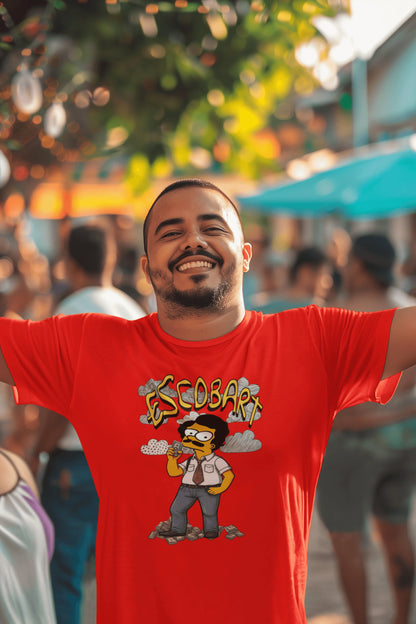 Hombre con camiseta Escobart, parodia de Pablo Escobar y Bart Simpson - Starway to Helen
