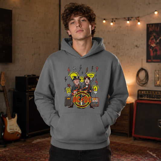 Hombre con sudadera AC/DC, Tesla y Edison - Starway to Helen