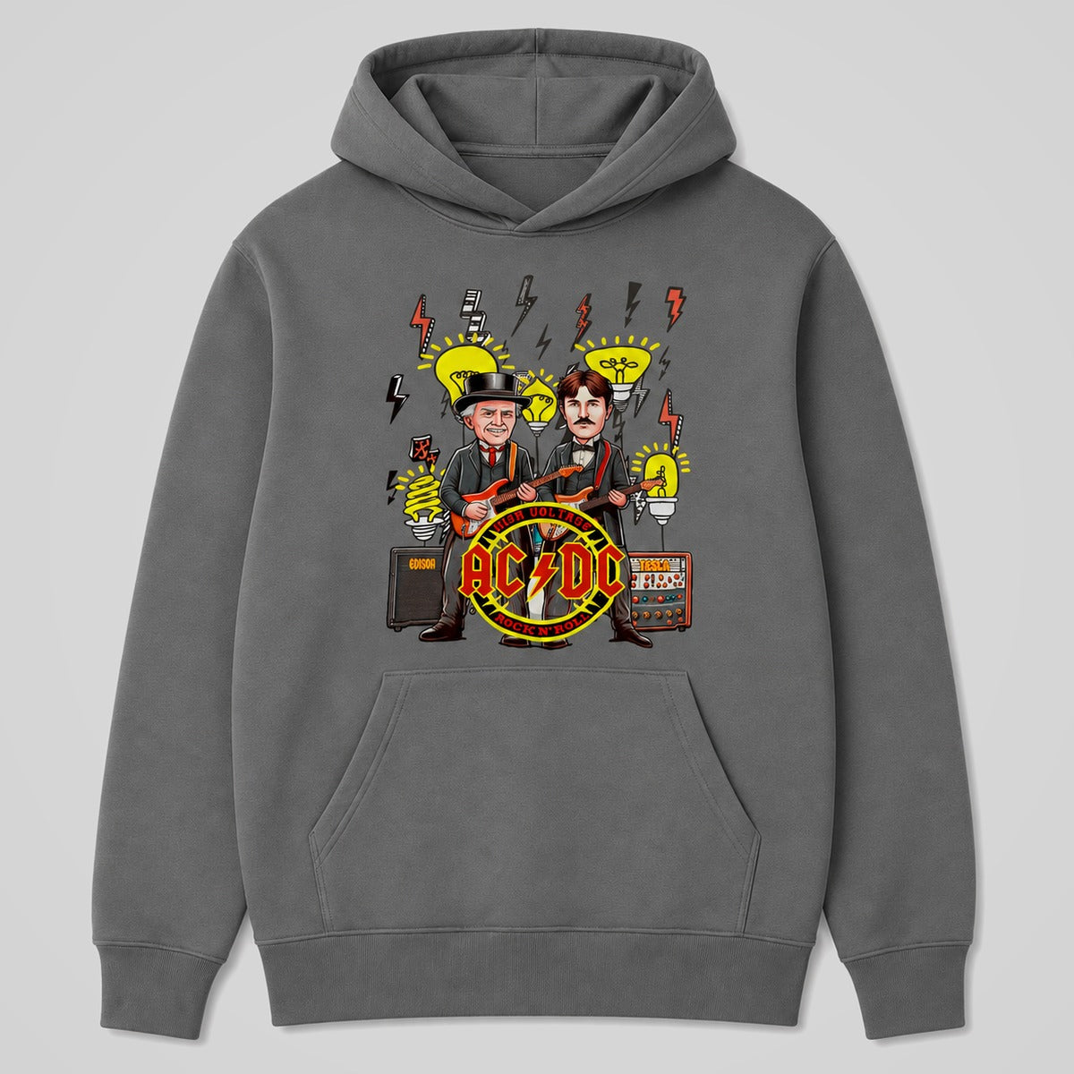Sudadera gris AC/DC Tesla Edison, parodia rock con Tesla y Edison – Starway to Helen