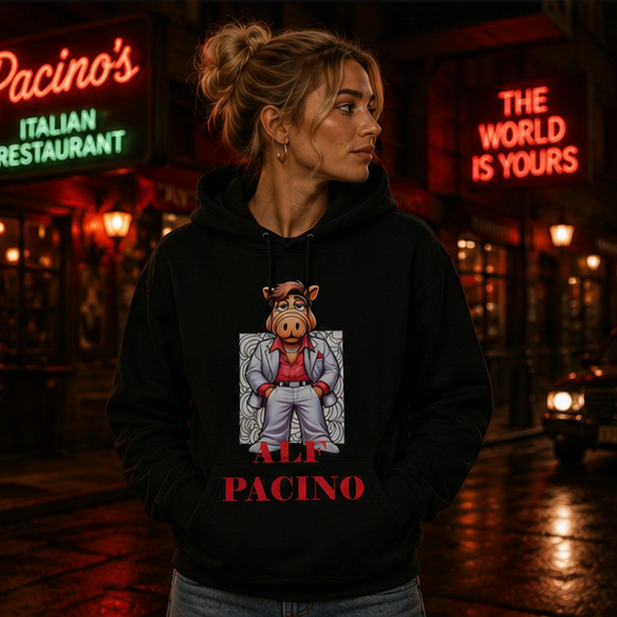 Mujer con sudadera ALF Pacino, parodia de Al Pacino y ALF - Starway to Helen