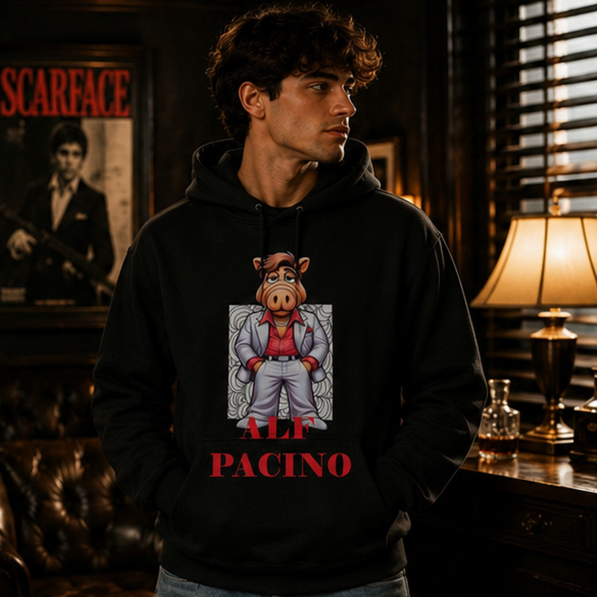 Hombre con sudadera ALF Pacino, parodia de Al Pacino y ALF - Starway to Helen
