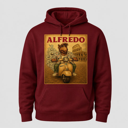 Sudadera granate Alfredo, parodia de ALF en Vespa por Roma - Starway to Helen