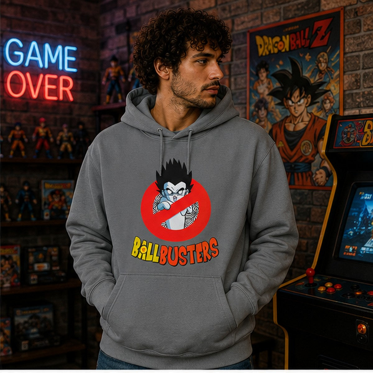 Hombre con sudadera Ballbusters, parodia de Cazafantasmas y Dragon Ball - Starway to Helen