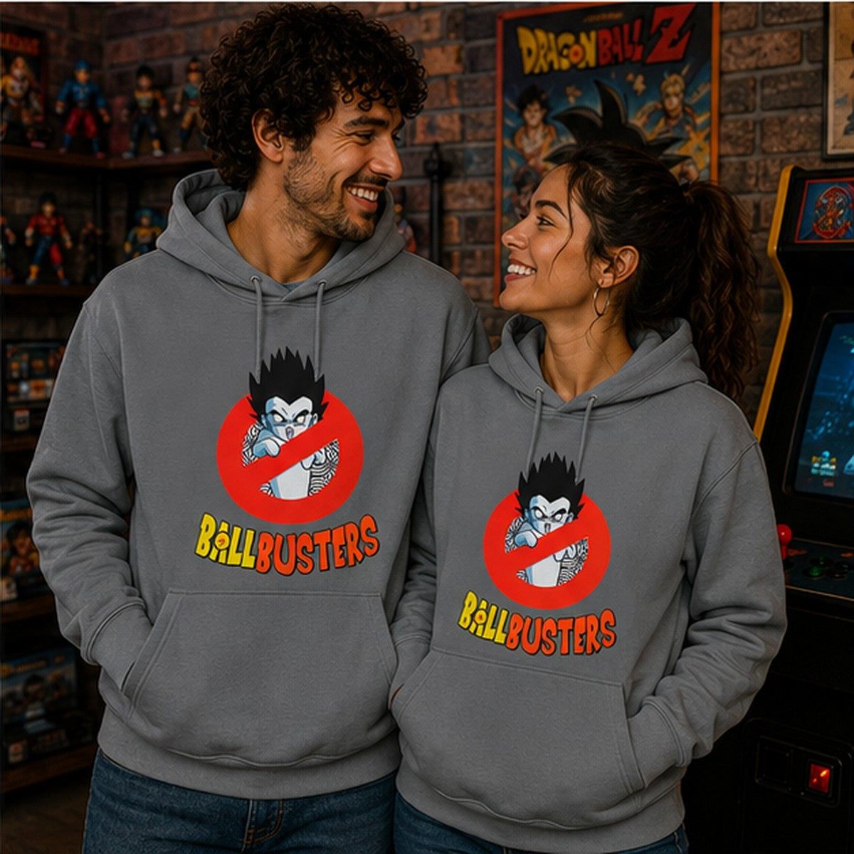 Pareja con sudadera Ballbusters, parodia de Cazafantasmas y Dragon Ball - Starway to Helen