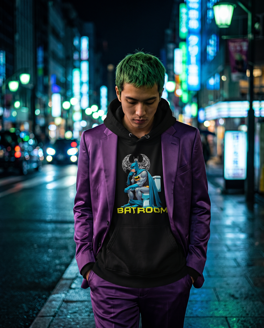 Hombre con sudadera Batroom negra, estilo urbano nocturno, diseño parodia de Batman