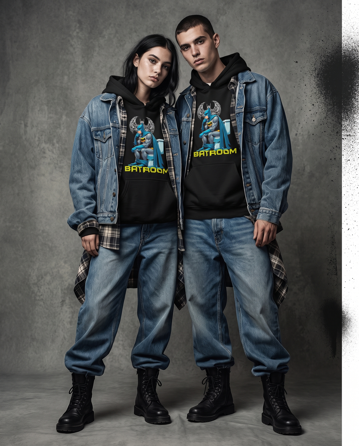 Pareja con sudadera Batroom negra a juego, estilo grunge años 90, diseño parodia de Batman