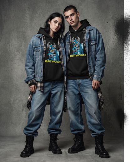 Pareja con sudadera Batroom negra a juego, estilo grunge años 90, diseño parodia de Batman