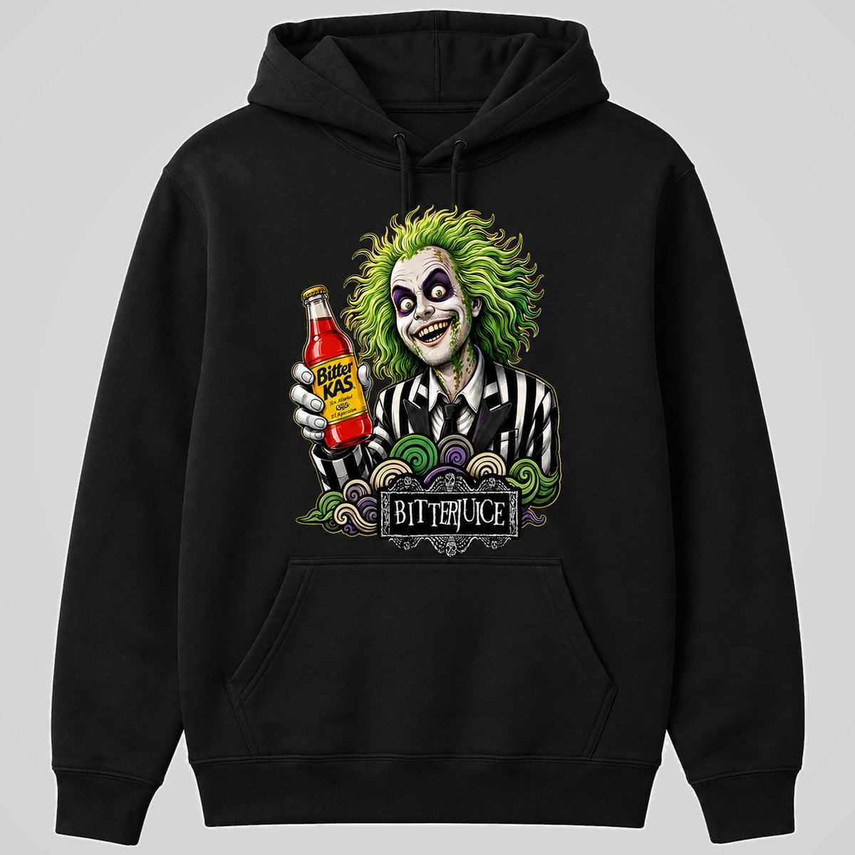 Sudadera negra con capucha Bitterjuice, parodia de Beetlejuice con Bitter, humor retro – Starway to Helen