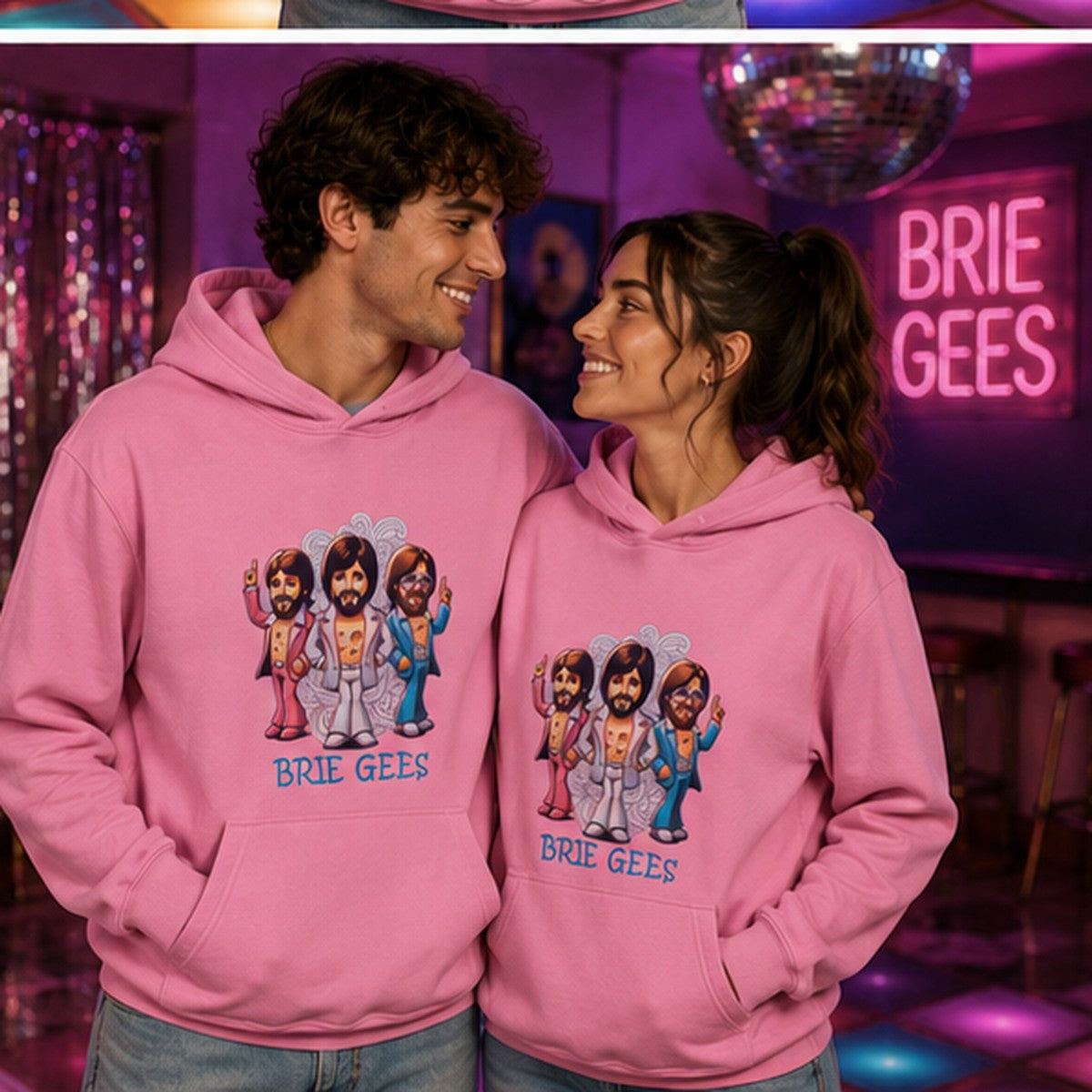 Pareja con sudadera Brie Gees, parodia de The Bee Gees - Starway to Helen
