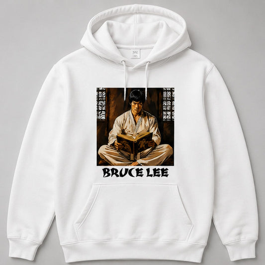 Sudadera Bruce Lee blanca, homenaje a Bruce Lee meditando - Starway to Helen
