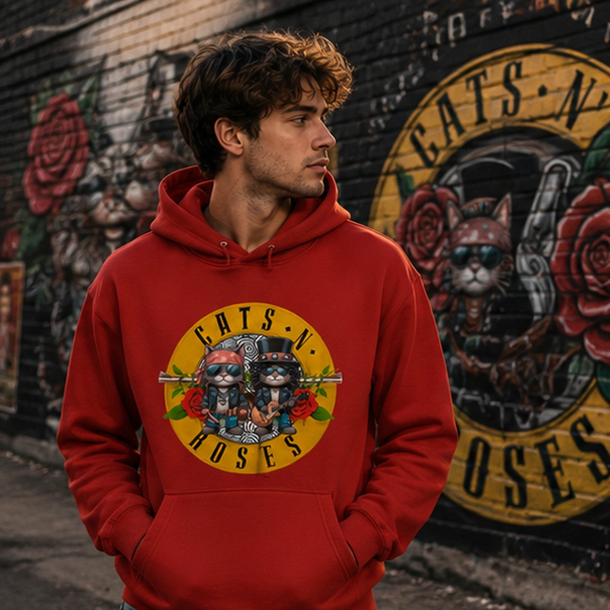 Hombre con sudadera Cats 'N' Roses, parodia de Guns N' Roses - Starway to Helen