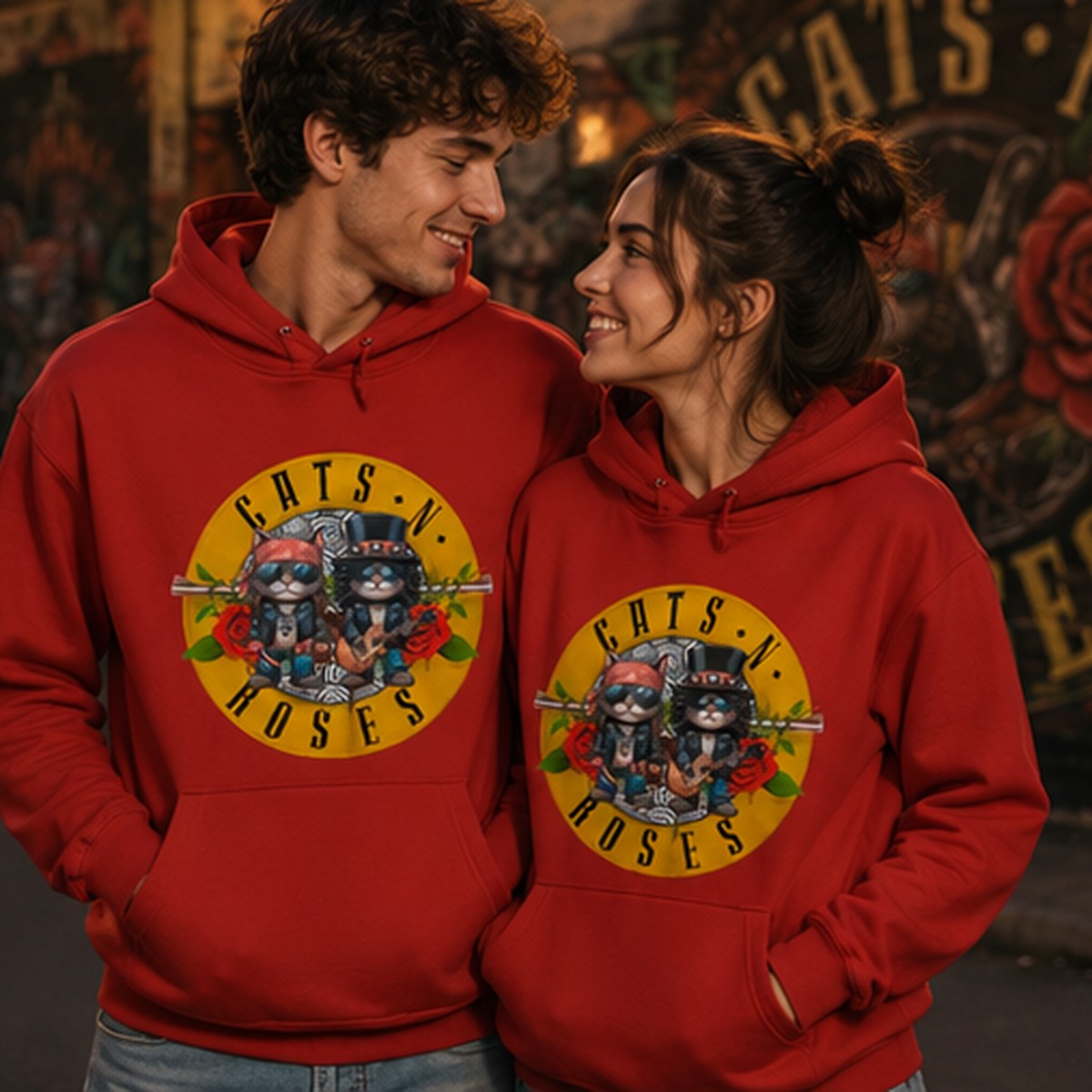 Pareja con sudadera Cats 'N' Roses, parodia de Guns N' Roses - Starway to Helen