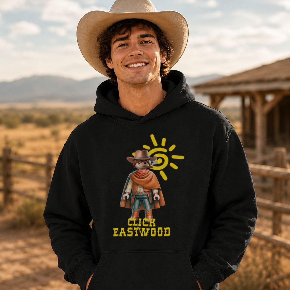 Hombre con sudadera Click Eastwood, Clint Eastwood estilo Playmobil - Starway to Helen