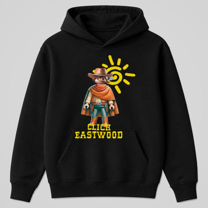 Sudadera Click Eastwood negra, parodia de Clint Eastwood estilo Playmobil - Starway to Helen