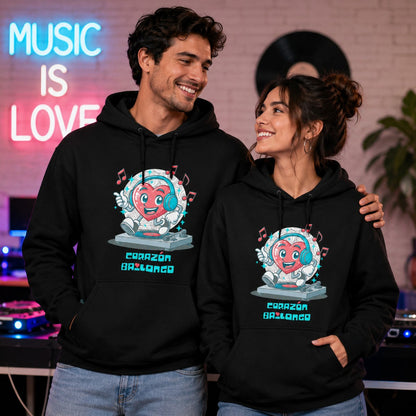 Pareja con sudadera Corazón Bailongo negra, corazón DJ con auriculares - Starway to Helen