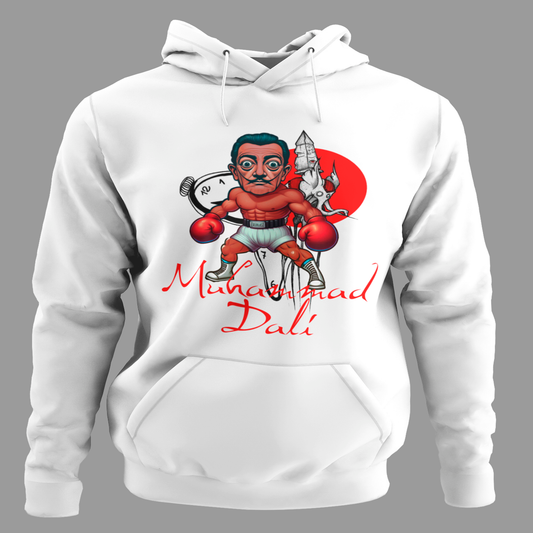 Sudadera blanca divertida Dalí Knockout con caricatura de Salvador Dalí boxeador