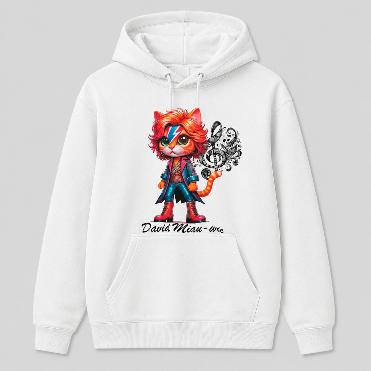 Sudadera David Miau-wie blanca, parodia de David Bowie con gato - Starway to Helen