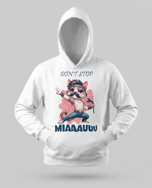 Sudadera Don't Stop MIAUUU blanca con capucha, parodia de Don't Stop Me Now de Queen - Starway to Helen