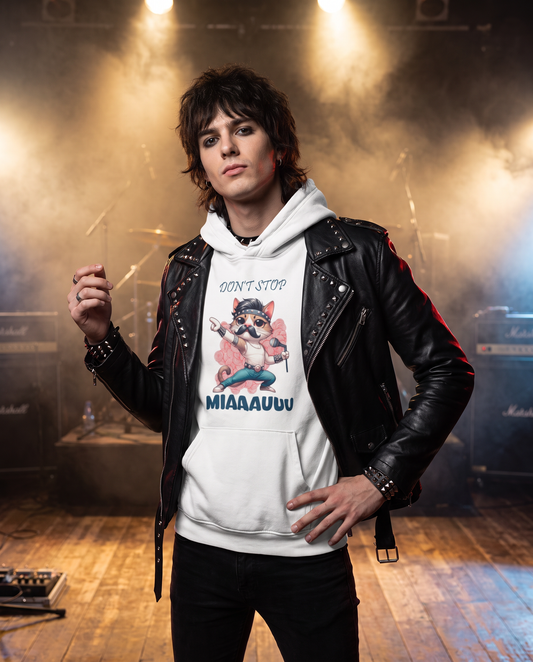 Hombre con sudadera Don't Stop MIAUUU blanca en escenario de concierto, parodia de Queen - Starway to Helen