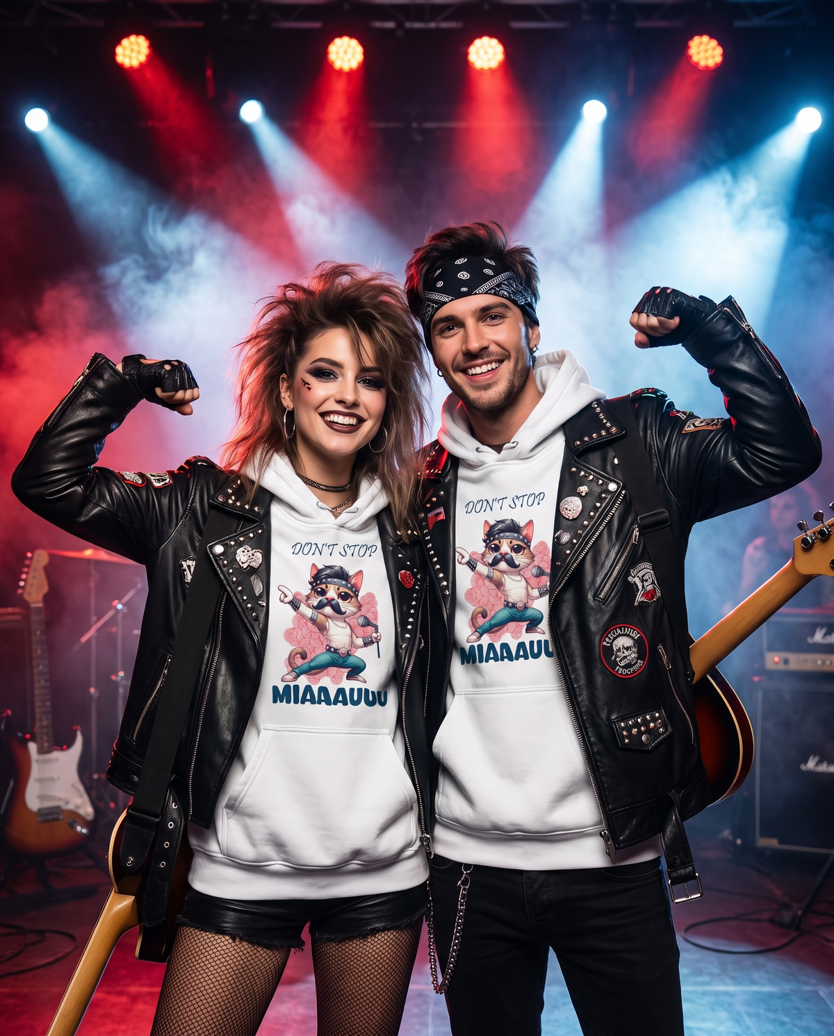 Pareja con sudadera Don't Stop MIAUUU blanca en escenario de concierto, parodia de Queen - Starway to Helen