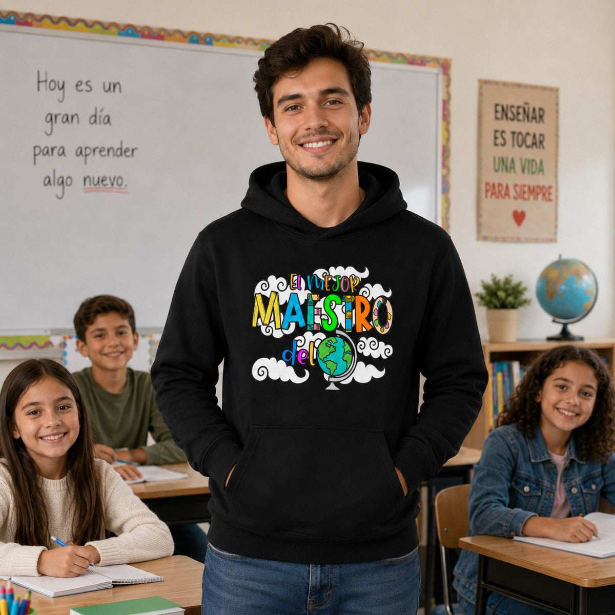 Maestro con alumnos con sudadera El Mejor Maestro del Mundo negra, regalo Día del Maestro - Starway to Helen