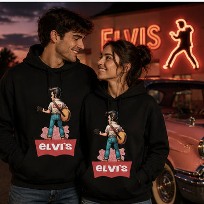 Pareja con sudadera Elvi's, parodia de Elvis Presley (logo Levi's) - Starway to Helen