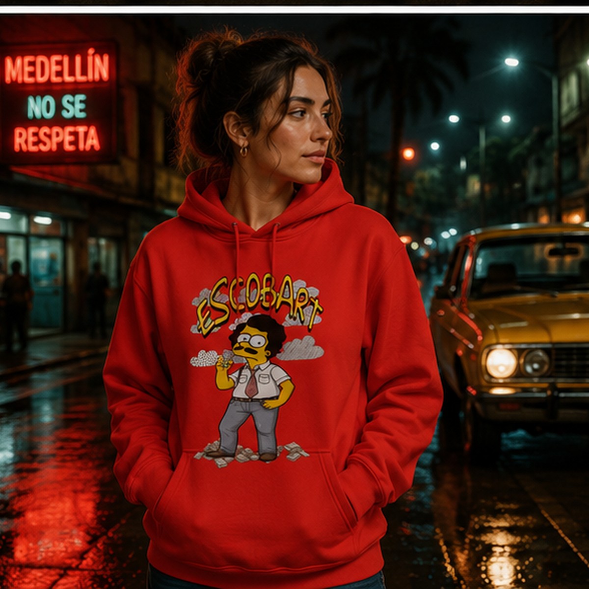 Mujer con sudadera Escobart, parodia de Pablo Escobar y Bart Simpson - Starway to Helen