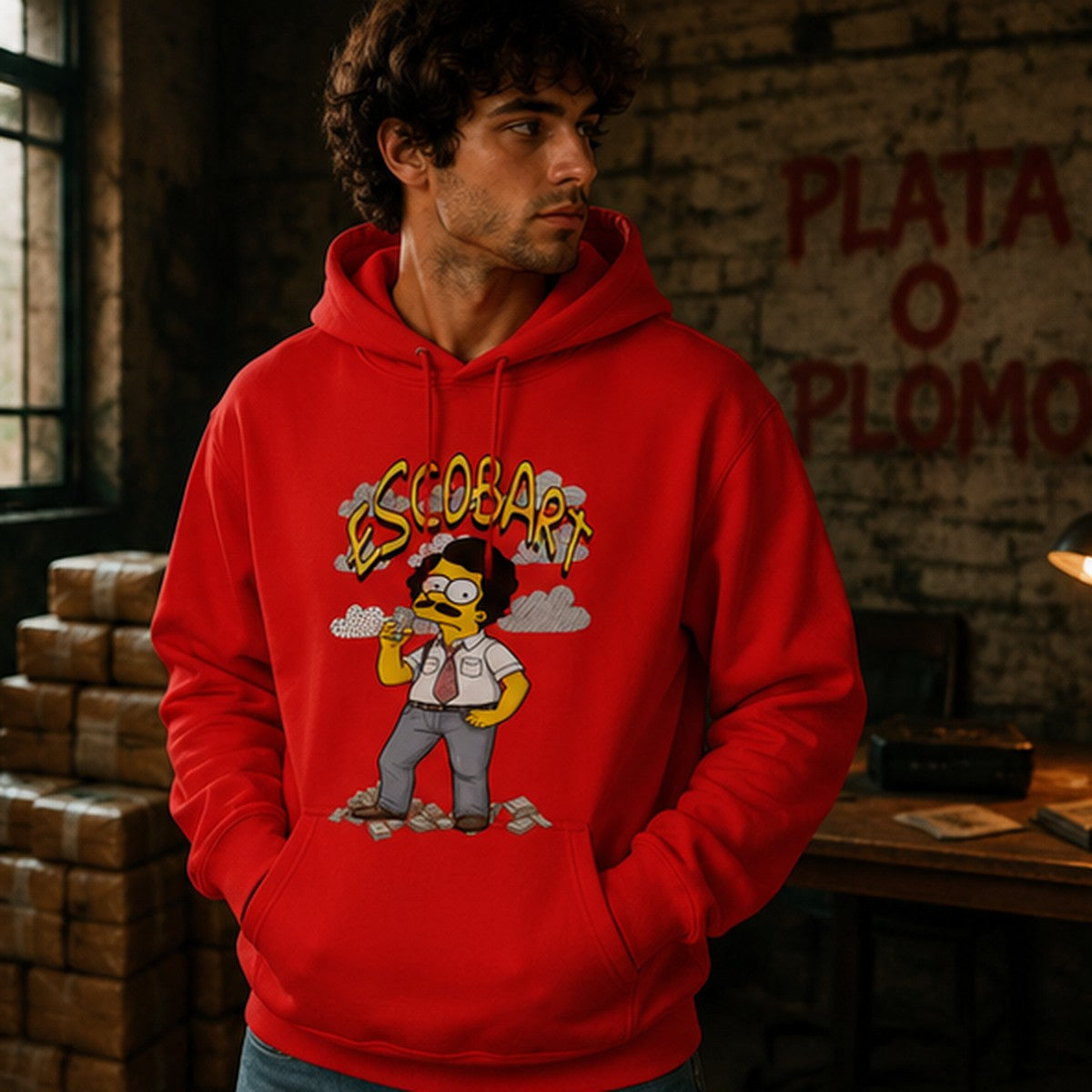 Hombre con sudadera Escobart, parodia de Pablo Escobar y Bart Simpson - Starway to Helen