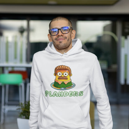 Hombre con sudadera blanca con capucha Flanders, parodia Simpsons taco