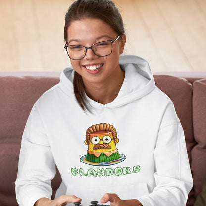 Mujer con sudadera blanca con capucha Flanders, parodia Simpsons taco