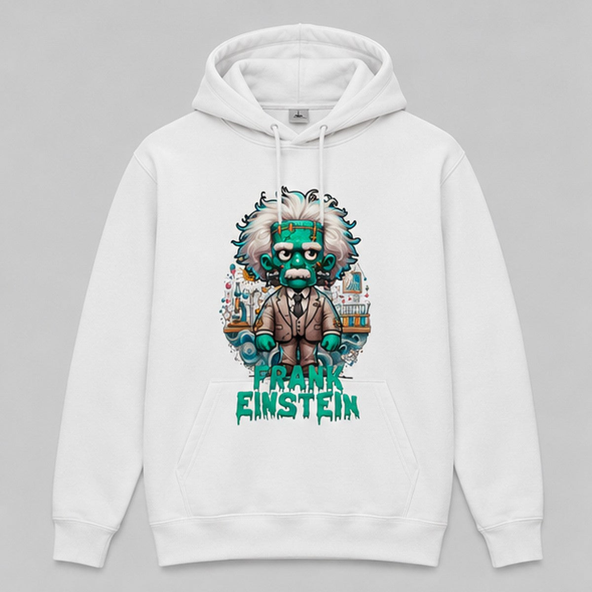 Sudadera Frank Einstein blanca, parodia de Frankenstein y Albert Einstein - Starway to Helen