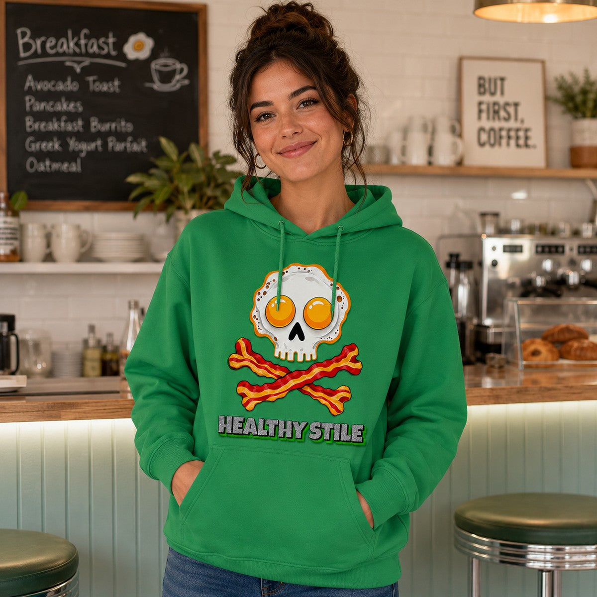 Chica con sudadera Healthy Stile verde, calavera de huevos y bacon - Starway to Helen