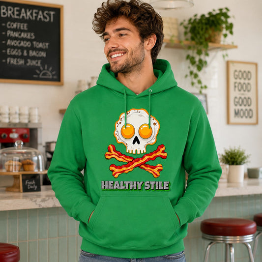 Hombre con sudadera Healthy Stile verde, diseño calavera desayuno - Starway to Helen