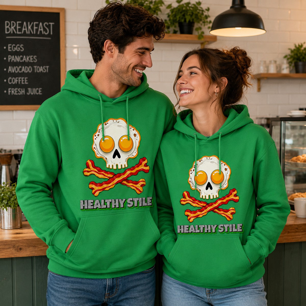 Pareja con sudadera Healthy Stile verde, humor desayuno saludable - Starway to Helen