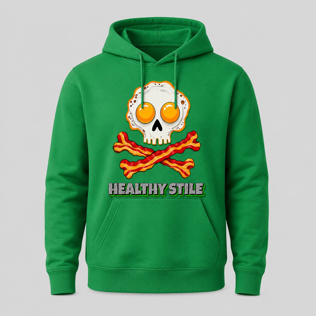 Sudadera Healthy Stile verde, calavera de huevos y bacon, humor desayuno - Starway to Helen