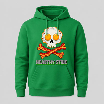 Sudadera Healthy Stile verde, calavera de huevos y bacon, humor desayuno - Starway to Helen