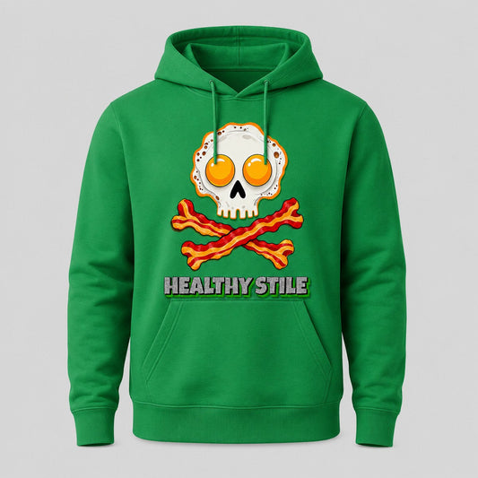 Sudadera Healthy Stile verde, calavera de huevos y bacon, humor desayuno - Starway to Helen