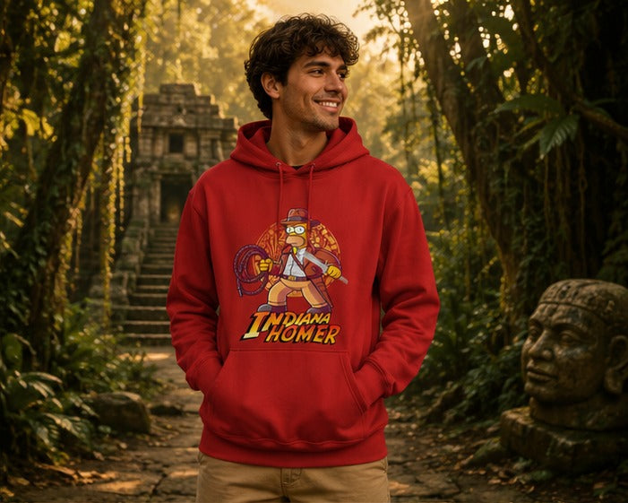 Hombre con sudadera Indiana Homer roja en templo de la selva, parodia de Indiana Jones y Homer Simpson - Starway to Helen