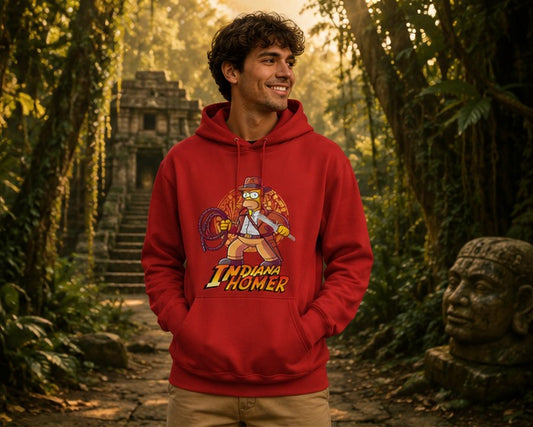 Hombre con sudadera Indiana Homer roja en templo de la selva, parodia de Indiana Jones y Homer Simpson - Starway to Helen