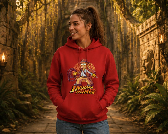 Mujer con sudadera Indiana Homer roja en templo de la selva, parodia de Indiana Jones y Homer Simpson - Starway to Helen