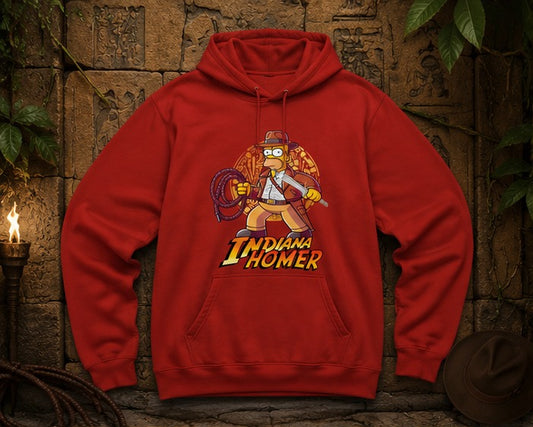 Sudadera Indiana Homer roja plana, parodia de Indiana Jones y Homer Simpson - Starway to Helen