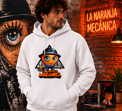Hombre con sudadera La Naranja Mecánica blanca, ambiente neón parodia de la película de Kubrick - Starway to Helen