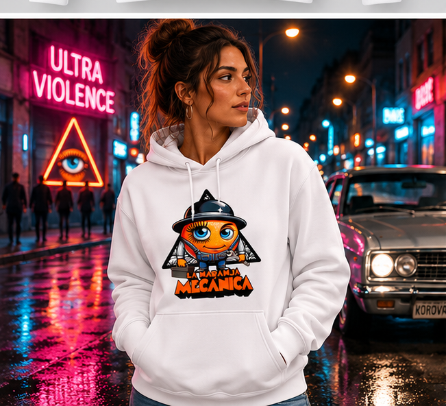 Mujer con sudadera La Naranja Mecánica blanca, ambiente neón parodia de la película de Kubrick - Starway to Helen
