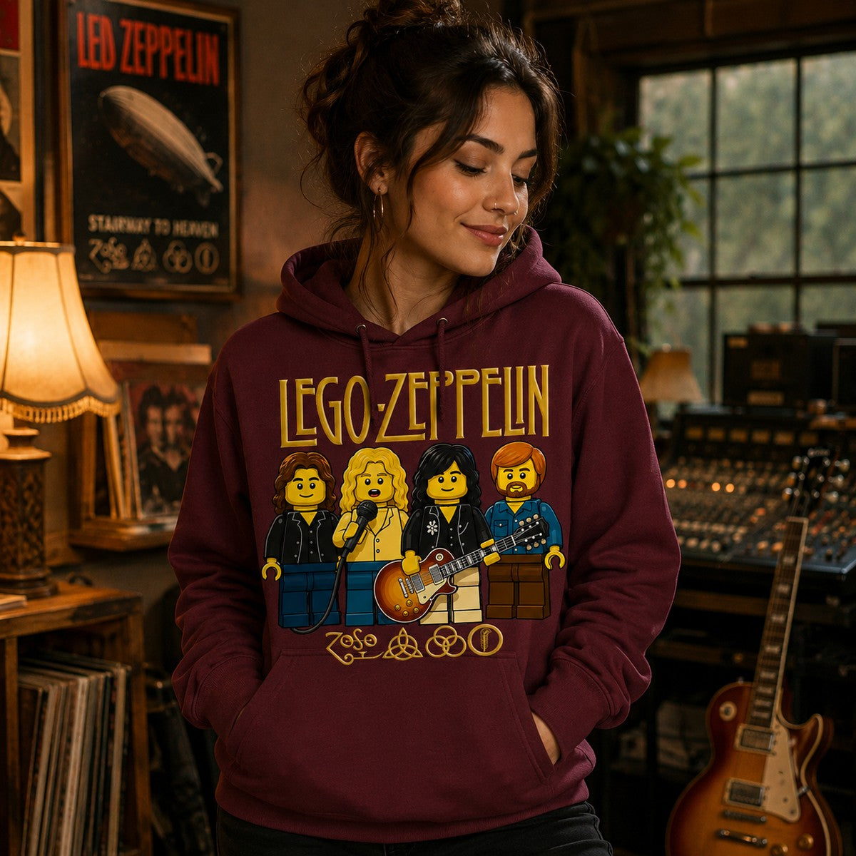 Chica con sudadera Lego Zeppelin granate, parodia Led Zeppelin LEGO - Starway to Helen