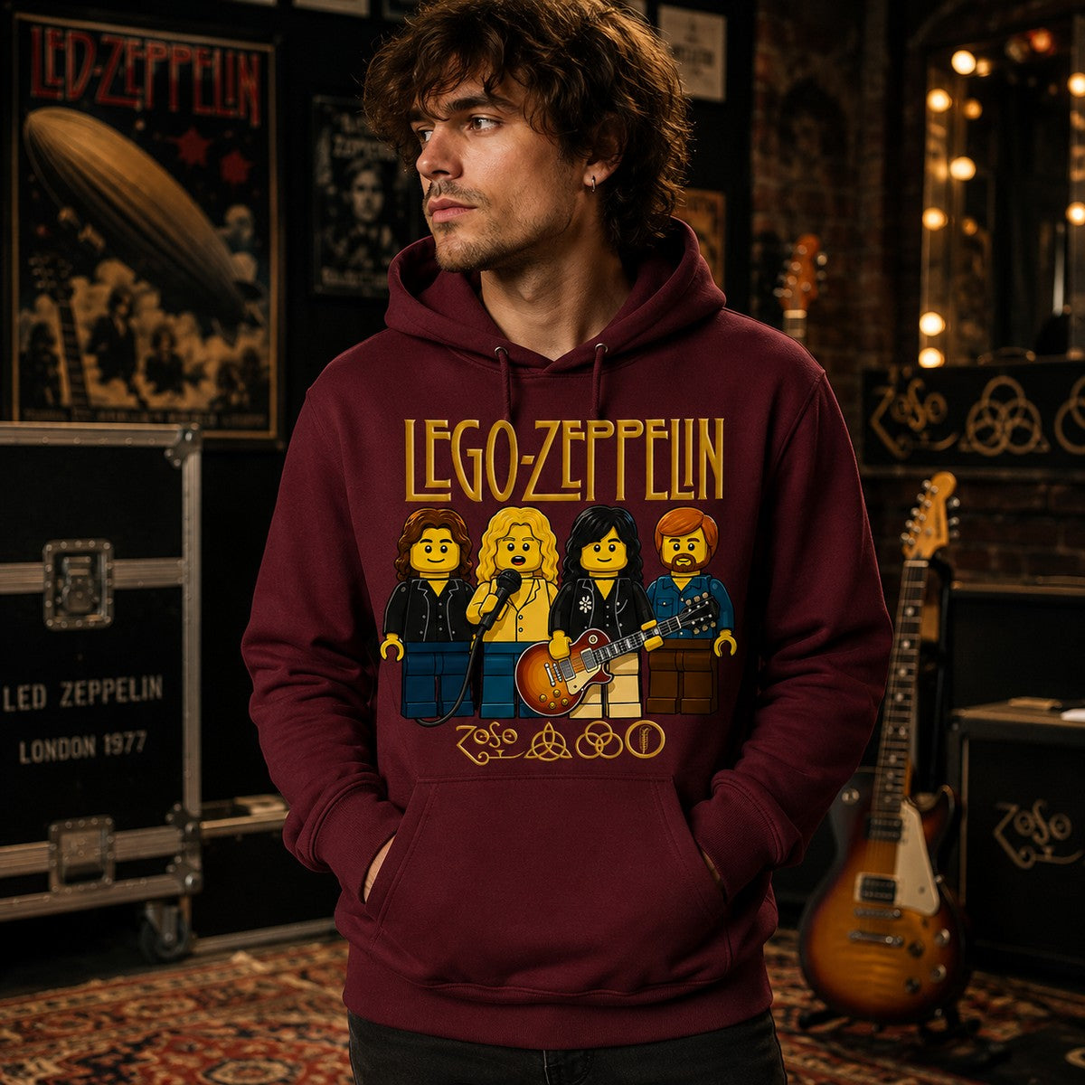 Hombre con sudadera Lego Zeppelin granate, homenaje a Led Zeppelin - Starway to Helen