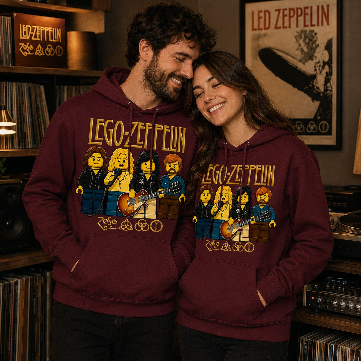 Pareja con sudadera Lego Zeppelin granate, regalo fans de Led Zeppelin - Starway to Helen
