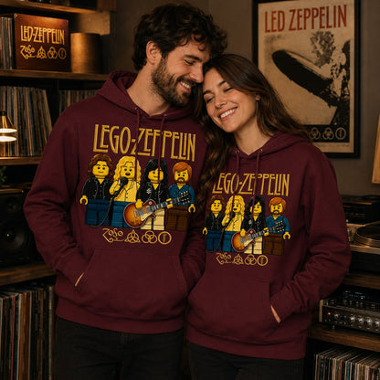 Pareja con sudadera Lego Zeppelin granate, regalo fans de Led Zeppelin - Starway to Helen