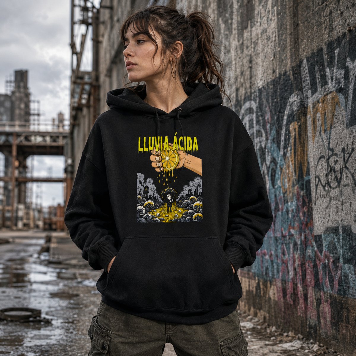 Mujer con sudadera negra con capucha Lluvia Ácida, diseño industrial